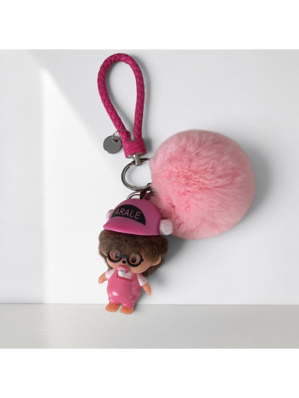 Kawaii Arale Monchhichi Style Pink Pom Pom Bag Charm Keychain